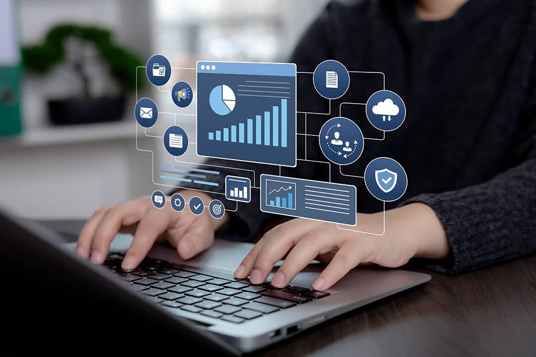 Business professional using an analytics dashboard interface